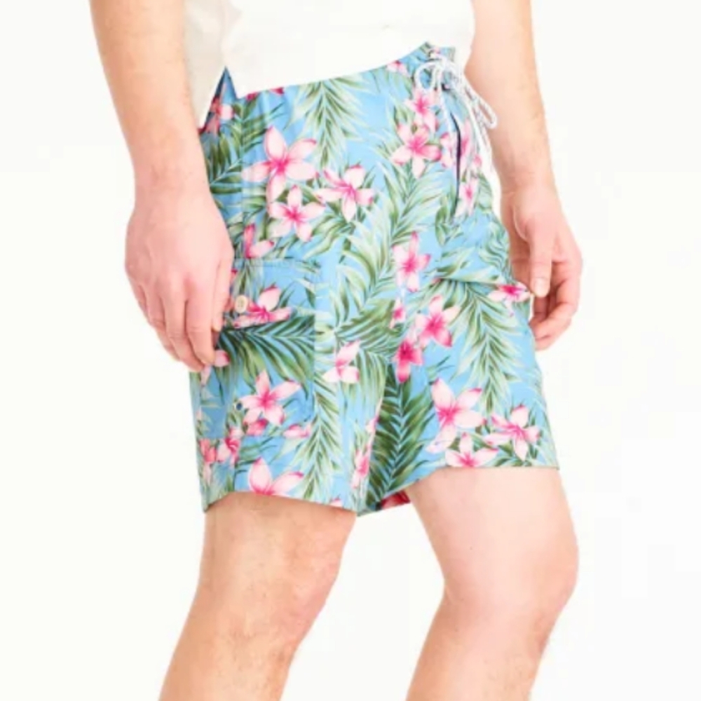 J. Crew Stretch Swim Trunks Blue Tropical Print Mesh Lined Board Shorts 36